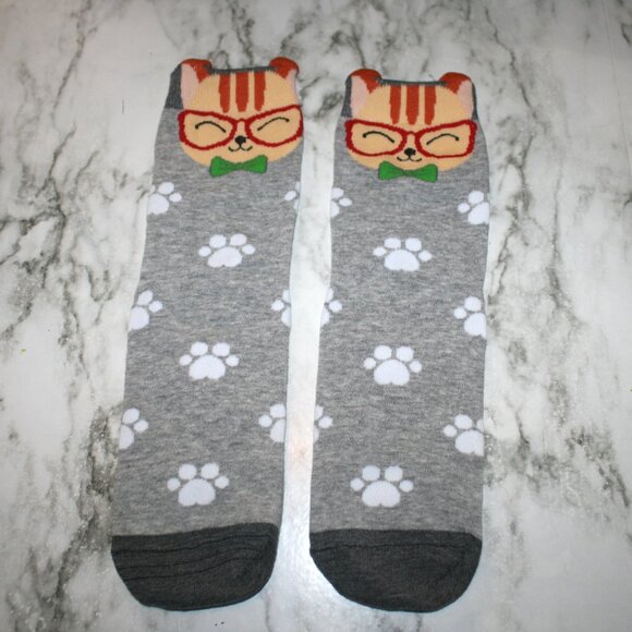 CAT LADY Socks Ankle Short Anklets Animal Print Pawprints Gray Orange Ginger Cat - Picture 2 of 10